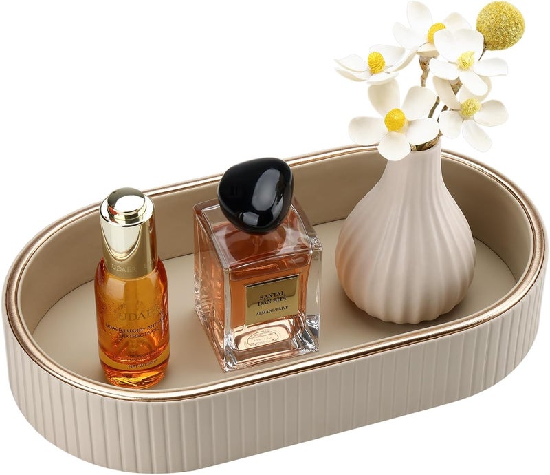 GORESE PU Leather Perfume Tray Nightstand Organizer, Small Oval Desk Tray Jewelry Trinket Trays Valet Organizer Key Bowl for Entryway Dresser Bathroom, Catchall Trays for Men Women, 11×5.9 in, Beige - Image 1